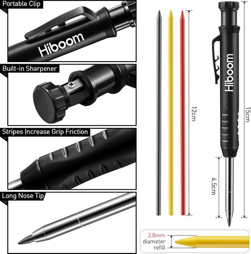 Hiboom 5 Pcs Mechanical Carpenter Pencil with 30 Pcs Refills, Needle Nose Tip Hole Marker for Woodworking