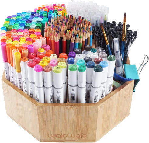 walowalo Bamboo Rotating Art Supply Organizer, Holds 800+ Pencils, Spinning Crayon Marker Pen Holder for Desk, Office,