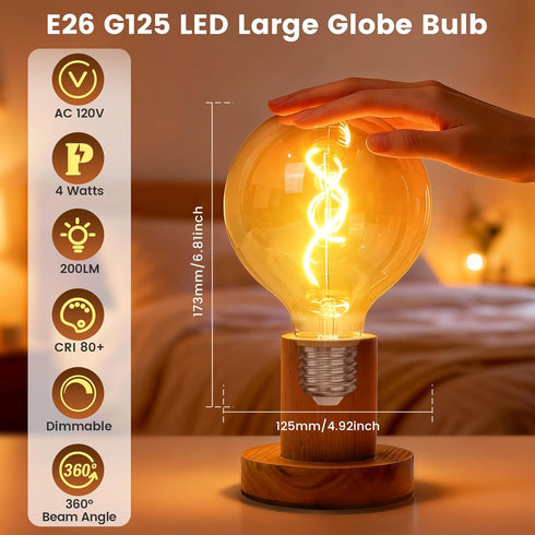 4W G125 Bulbs Dimmable, E26 Bulb 2000K Bulb 200LM Bonlux LED Large Globe Light Oversized Amber Glass Edison Round Light