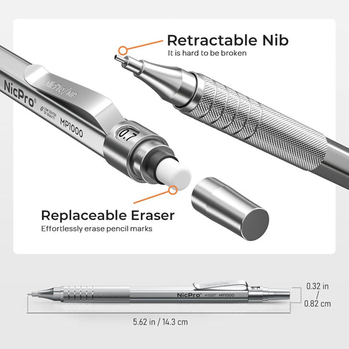 Nicpro 2 PCS Mechanical Pencil 0.5mm & 0.7mm with Case - MP1000 Metal Artist Pencil Set with Lead Refills and Erasers