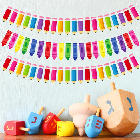 Doumeny 4Pcs Colorful Crayon Paper Banner Back to School Pencil Bunting Garland Colorful Pencil Hanging Bunting First