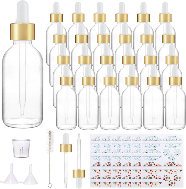 24 Pack 2oz Clear Glass Bottles with Golden Top Eye Droppers for Essential Oils, Perfumes & Lab Chemicals