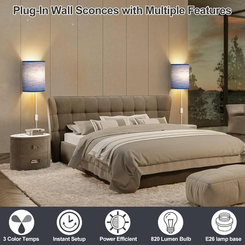 Set Plug in Wall Sconces of Two: Wall Lights with On/Off Switch - Stepless Color Temperature Wall Mount Lamps - Fabric