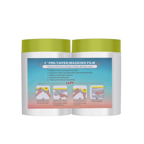 LLPT Tape and Drape, 25.6 x 66 Ft, 2 Pack Pre-Taped Masking Film for Painting Protection