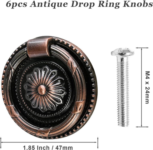 6pcs Red Bronze Cabinet Knobs, Drop Ring Drawer Pulls Round Dresser Knobs Handles with Screws, Vintage Drawer Knobs Pulls Handles Hardware for Kitchen Cupboard Vanity Nightstand