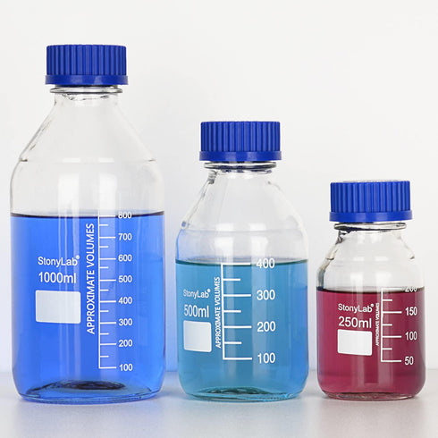 stonylab Graduated Storage Bottles with GL45 Screw Cap, 500 ml Borosilicate Glass Clear Round Lab Bottles