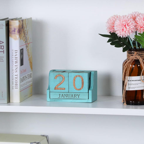 Wooden Desk Calendar Blocks, Perpetual Date Block for Teachers, Rustic Decoration, Small Home Desktop Decor (Ocean Blue)
