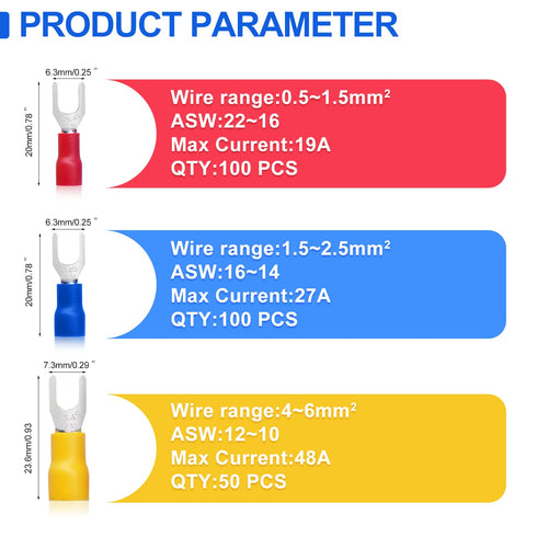 Twidec/250PCS Insulated Fork Spade Wire Connector 22-16/16-14/12-10 Gauge #8 Quick Splice Crimp U-Type Terminal Connectors Assortment Kit