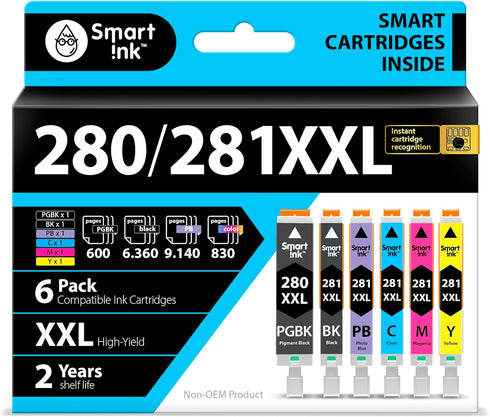 Smart Ink Compatible Ink Cartridge Replacement for Canon PGI-280XXL CLI-281XXL, 6 Combo Pack for Pixma TS9120 TS8320