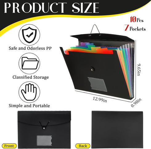 Glenmal 10 Pcs 7 Pocket File Folders, Expanding Organizer with Labels, A4 Letter Size for Office Use, Black