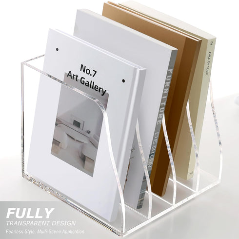 SANRUI Acrylic Desk File Organizer, 4 Vertical Compartments Clear Magazine Holder for Office Accessories Organization