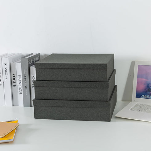 Set of 3 Soul & Lane Charcoal Black Kraft Paper Storage Boxes with Lids - Decorative Nesting Organizers for Office