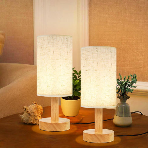 Small Bedside Table Lamps for Bedroom Set of 2,Natural Round Wood Base&Fabric