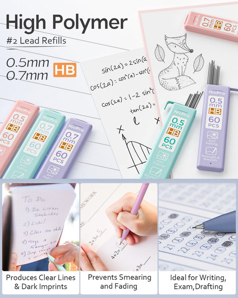 Nicpro 6PCS Pastel Mechanical Pencil Set, 0.5 & 0.7 & 0.9mm with 6 Tubes HB Lead Refill, 3 Erasers, 9 Refills, Cute Case