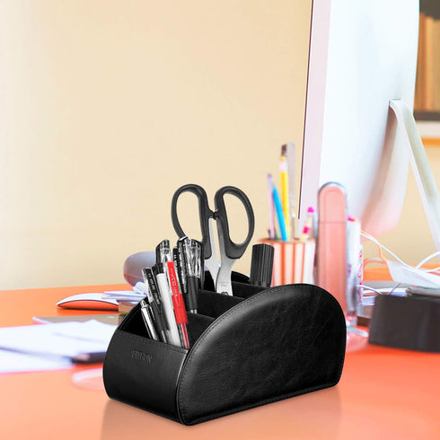 SITHON Remote Control Holder with 5 Compartments, PU Leather Remote Caddy Desktop Organizer for TV, Media Players, Black