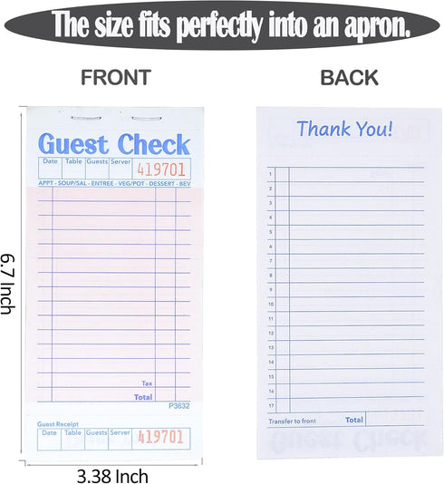 Officeva 12 Pack 600 Budgenix Guest Checks Server Note Pads Orders, Pink Guest Check Pads with Bottom Receipt, Waitress