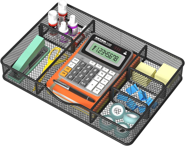 Desk Drawer Organizer Tray with 6 Compartments - 14.5" L x 8.8" W x 1.9" H for Metal Mesh Organizers in Bathroom,
