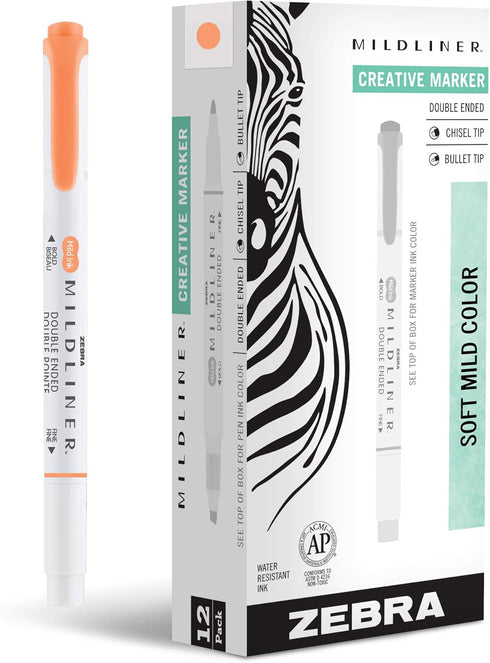 Zebra Pen Mildliner Double-Ended Highlighter Marker Set, Broad and Fine Point Tips, 12-Pack, Mild Apricot Ink
