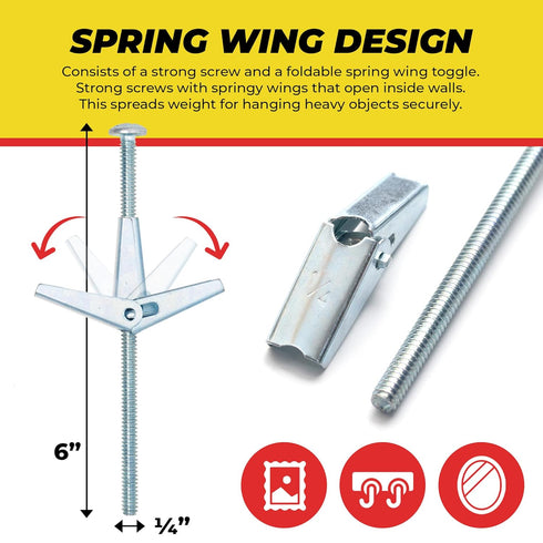 QUALIHOME Spring Toggle Bolt Anchors, Heavy Duty Wall Anchors for Hanging Items, 10 Pack (1/4" x 6")