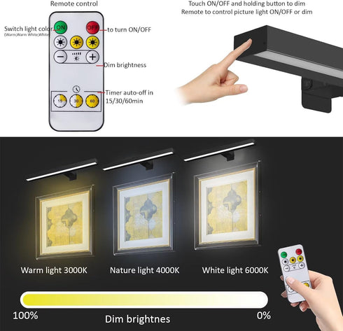 16in 3 Dimmable MIOBLUE Cordless Picture Lights with Remote, Metal Battery Operated Picture Light,Rechargeable Display