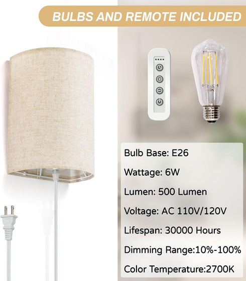 FINCMY Dimmable Set 2, Bulbs Wall Sconce Light Plug in, Sconces Wall Decor of Stick on Wall Lights for Bedroom Living