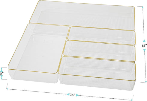 Martha Stewart Kerry Plastic Stackable Office Desk Drawer Organizers, Set of 5 with Gold Trim