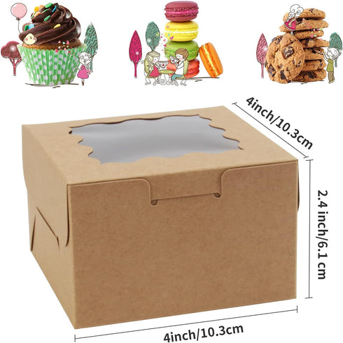 OAMCEG 100 PCS Individual Cupcake Boxes with Window and Stickers, 4x4x3 Inch, Small Cake Boxes, Pastry Carrier