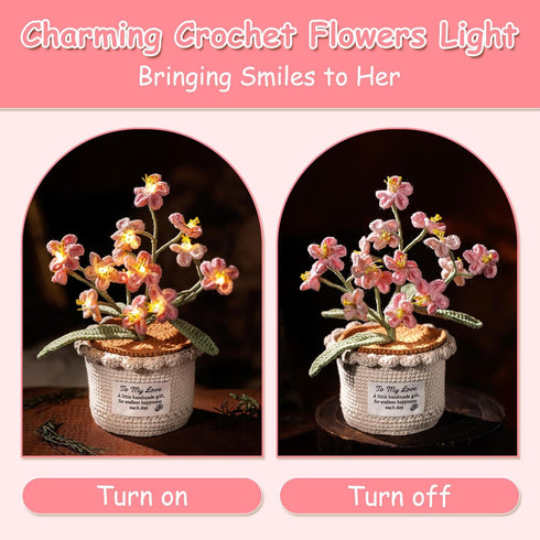 Cozy Forget Me Not Flower Lamp - Pink Crochet Artificial Flowers with Night Light, Cordless Table Lamp, Home Decor