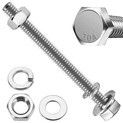 (10 Sets) 1/4-20x3" Hex Head Stainless Steel Bolts and Nuts with Flat & Lock Washers, 304 Stainless Steel 18-8, Fully