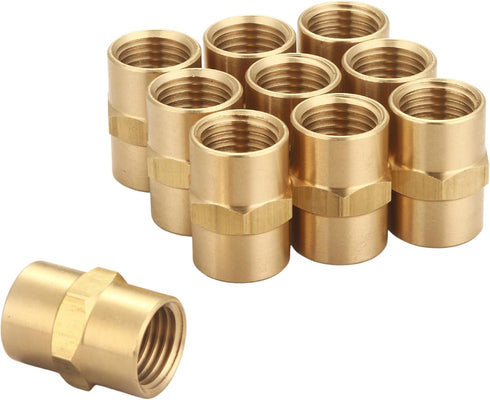 Brass Coupling 1/4 Inch NPT Female x 1/4 Inch NPT Female Hex Head Pipe Fitting, Pack of 10, Air Hose Adapter