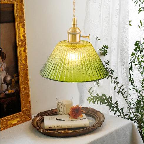 FONTA VERDE Vintage Pendant Lights Kitchen Island, Adjustable Brass Pendant Light Fixtures with Gradient Green Glass