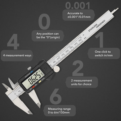 Digital Caliper Precise Measuring Tool, Vizbrite 6 inch Stainless Steel Electronic Vernier Calipers with Auto-Off Large LCD Screen, Accurate to ±0.001in/0.01mm, Easy Use Caliper