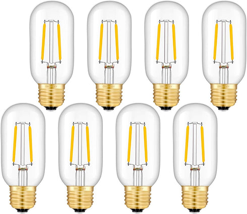 OMAYKEY 2W LED Tubular Bulb, 25W Equivalent, 250 Lumen, 2700K Warm White E26, Dimmable Antique Edison T45, 8 Pack