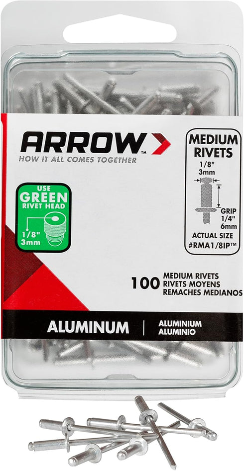 Arrow Medium Aluminum 1/8-Inch Pop Rivets for Metal, Fabric, Leather, and Auto Repair, 100-Pack, RMA1/8IP