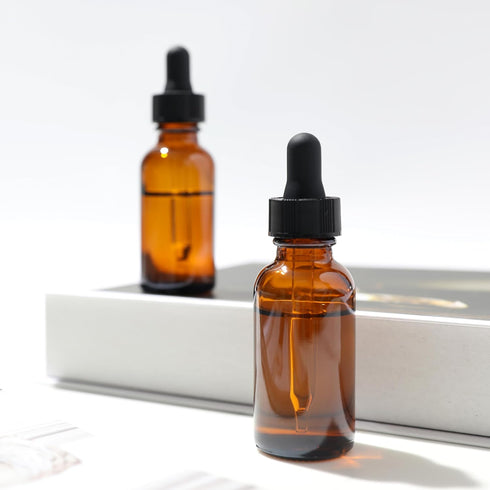 Magic Season Boston Round Glass Bottles (Amber, 1 fl oz) with Droppers - 2 Pcs