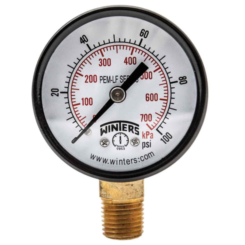 Winters PEM202LF PEM-LF Series Pressure Gauge, 2" Dial, 1/4" NPT, 0/100 psi/kpa, ±3-2-3% Accuracy