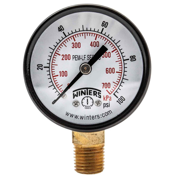Winters PEM202LF PEM-LF Series Pressure Gauge, 2" Dial, 1/4" NPT, 0/100 psi/kpa, ±3-2-3% Accuracy