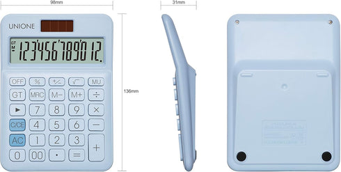 UNIONE Calculator with Bright LCD, Dual Power Handheld Desktop for Business, Office, High School (Blue)
