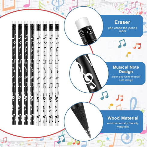Music Note Pencils, Music Themed Round White Black Pencils with Eraser for School Office Supplies, 7 Inches (24 Pieces)