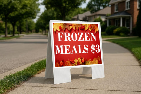 Frozen Meals $3 Autumn Frame Colorful Maple Leaves On Red Background A-Frame