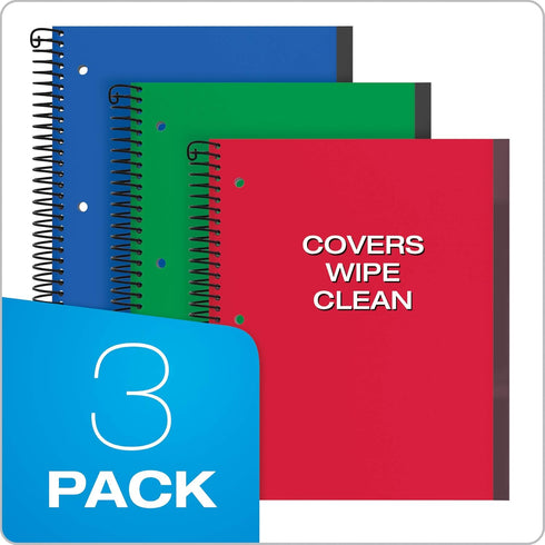 Oxford Spiral Notebook 3 Pack, 1 Subject, 100 Sheets, Wide Rule, Durable Plastic Covers, 8.5 x 11, Red, Green, Blue
