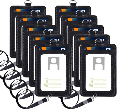 PU Leather ID Badge Card Holder - Vetoo 10 Pack Vertical ID Badge Holders with Detachable Lanyard/Strap