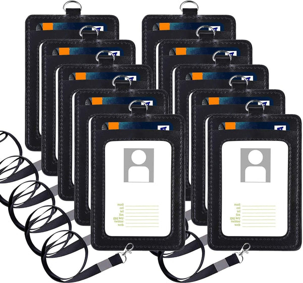 PU Leather ID Badge Card Holder - Vetoo 10 Pack Vertical ID Badge Holders with Detachable Lanyard/Strap