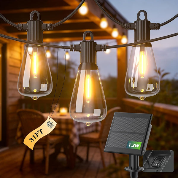31FT Solar String Lights Outdoor Waterproof IP65 with USB-Charging , Solar Powered