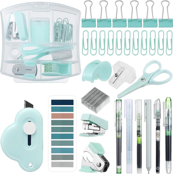 Mini Office Supply Kit, Includes Stapler, Tape Dispenser, Paper Clips, Scissors, Staples, Green for Office and School