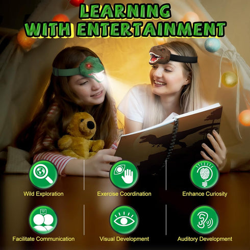 Kids Dinosaur Headlamp Flashlight - LED Headlights with Roar & Silent Mode, T-Rex Toys for Camping