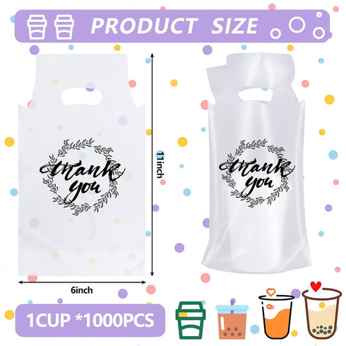 1000 1 Kisston Pcs Drink Carrier for Delivery, Plastic Carrier Bags Thank You Clear Handle Drink Poly Bags Bulk