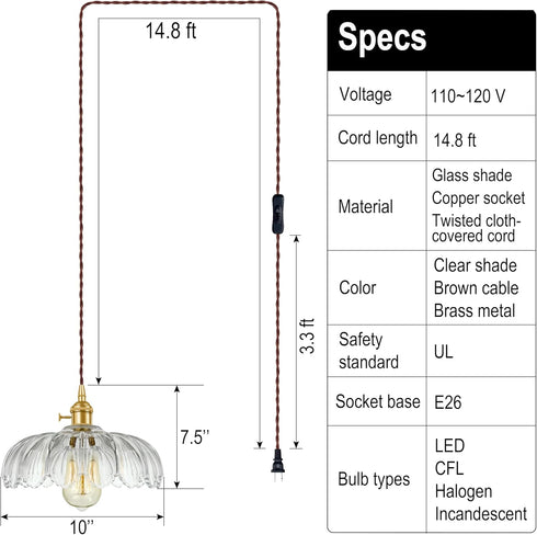 Plug-in Pendant Light Fixture, Hanging Light Fixture, Glass Pendant Light, Swag Lamp with Inline On/Off Switch
