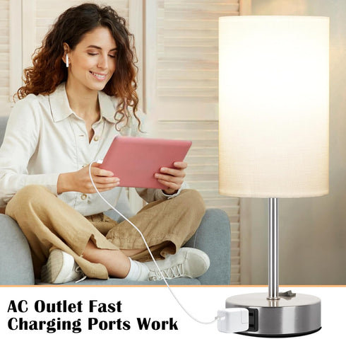 ZJOJO Table Lamp for Bedroom Set of 2, Small Bedside Lamps with 3 Way Dimmable Rocker Switch and AC Outlet, Nightstand
