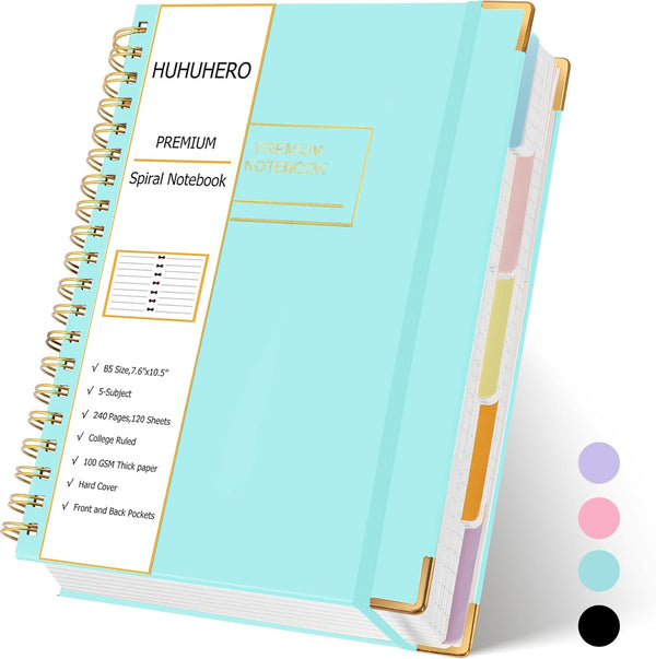 Huhuhero Lined Spiral Notebook Journal - 5 Subject College Ruled Hardcover Notebooks for Work, School, Mint Green